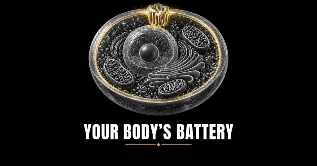 Black-and-white illustration of a cell with a glowing gold membrane and a gold pump at its edge, above the title “Your Body’s Battery.”